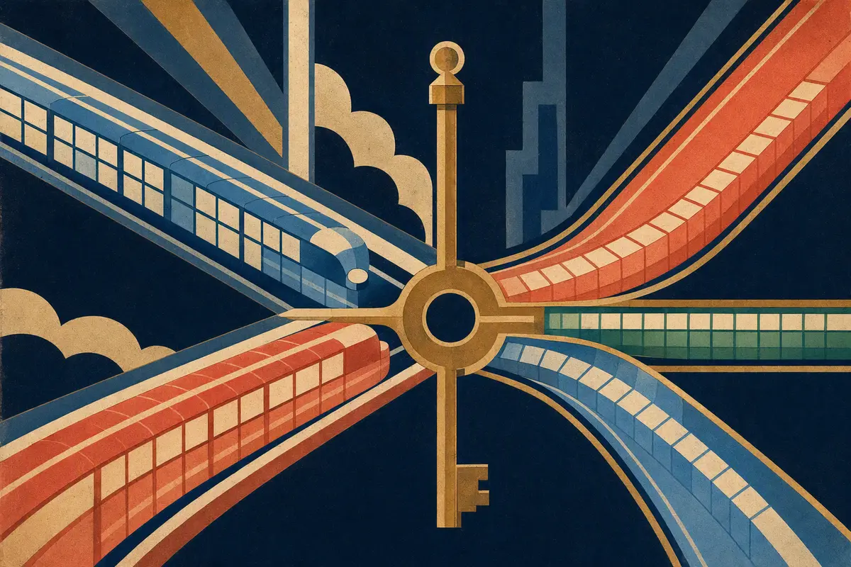Art-deco illustration of tabular row trains converging on a brass key junction, then splitting into change routes